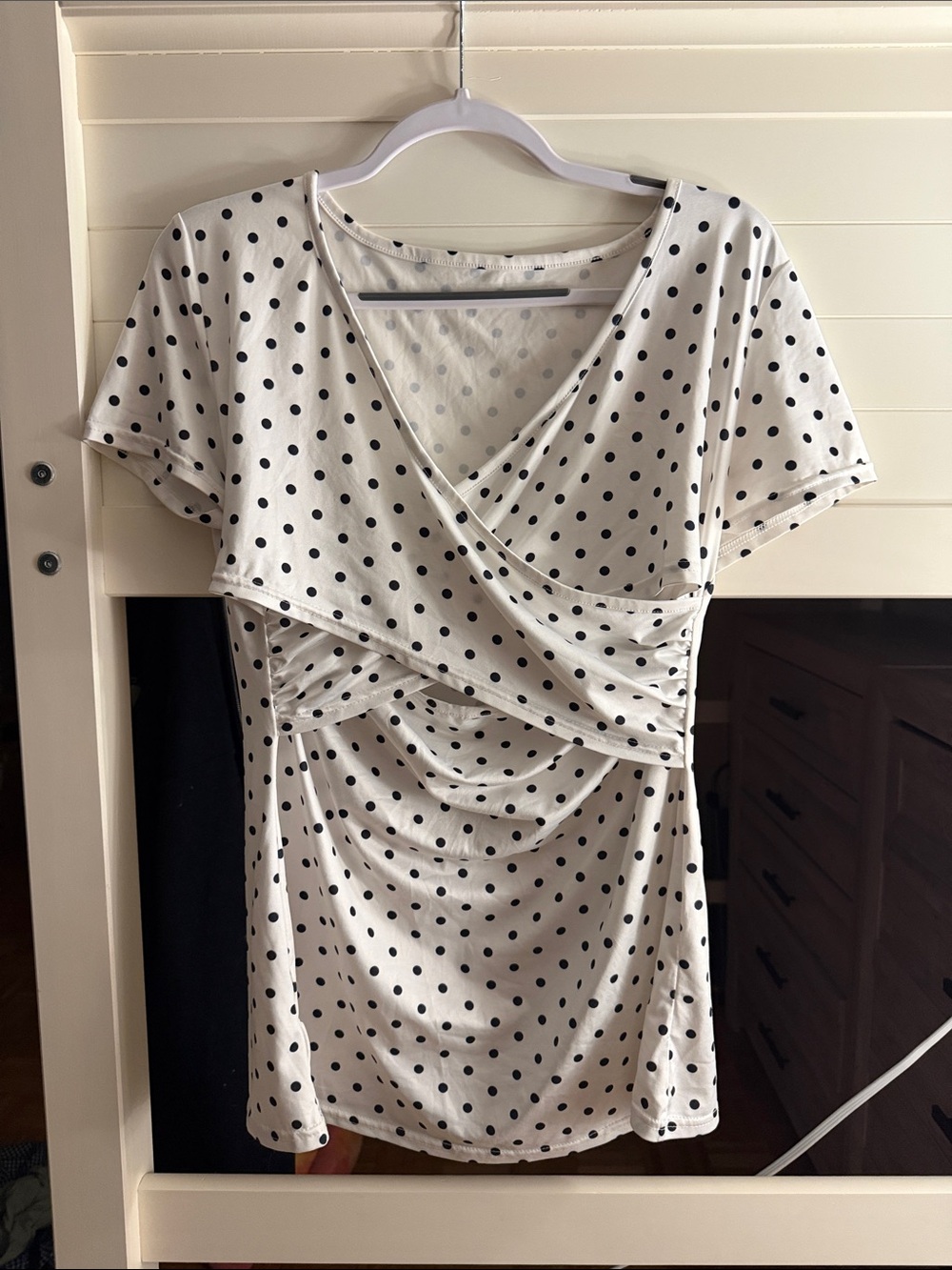 Polka Dot Short Sleeve Wrap-Front Blouse - White/Black